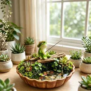 Mini Zen Garden with Adorable Fishing Frog - Relaxing Desk Decor for Home & Office