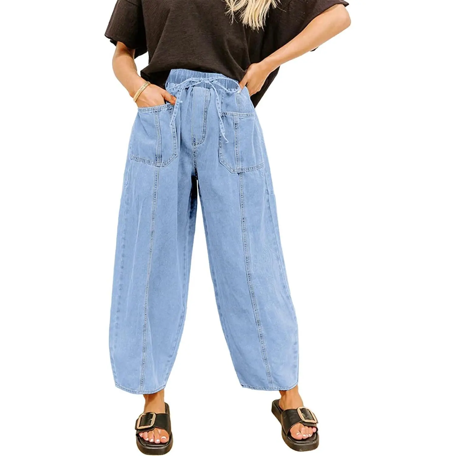 Sidefeel Womens Baggy Wide Leg Jeans Elastic Waist Drawstring Front Seam Ankle High Waisted Barrel Jeans