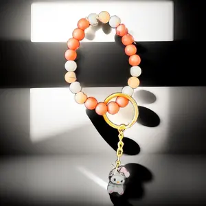 Coral and Marble Beaded Keychain Bracelet with Adorable Charm
