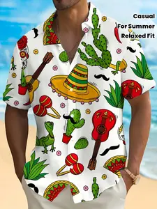 Men's Vibrant, Tropical Mexican Fiesta Shirt - Colorful Cartoon Cactus & Chili Pepper Print, Breathable Polyester, Relaxed Fit Short Sleeve Button-Up for Summer Vacations, Outdoor Activities & Casual Events