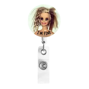 Funny Doll I'm Fine Badge Reel - ER Nurse - Medical ID Badge Holder Carabiner - Nurse Gift Idea
