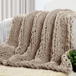 Chunky Knit Throw 50" X 60", 100% Hand Made Large Chenille Loop Yarn Fluffy Throws for Couch Sofa, Big Crochet Heavy Thick Cable Woven Blankets, Taupe