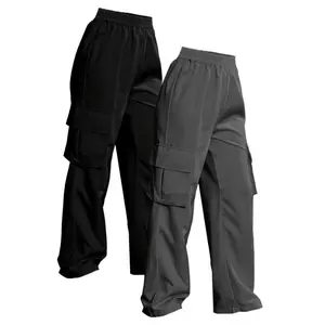 2 Pack Solid Color Cargo Pants - Casual Elastic Waist Wide Leg Flap Pockets - For Women - Suitable for Everyday Wear, work pants women（gift）