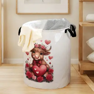 Valentine's Day Cow Print Laundry Basket with Handle, Durable Halloween Foldable Dirty Clothes Storage, Large Capacity Toy Organizer