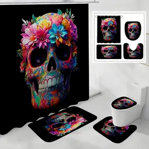 Skull Pattern Bathroom Accessories, Soft Fabric Shower Curtain with 12 Hooks, 4-piece Set (Including Shower Curtain and Floor Mat), Unique Home Decoration