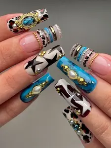milo.nail&care Western Star Press-On Nails, Turquoise Marble Mix, Animal Print Accent, Metallic Ring Details, Glossy Handmade Statement Nail Set, Festival Concert Inspired Look