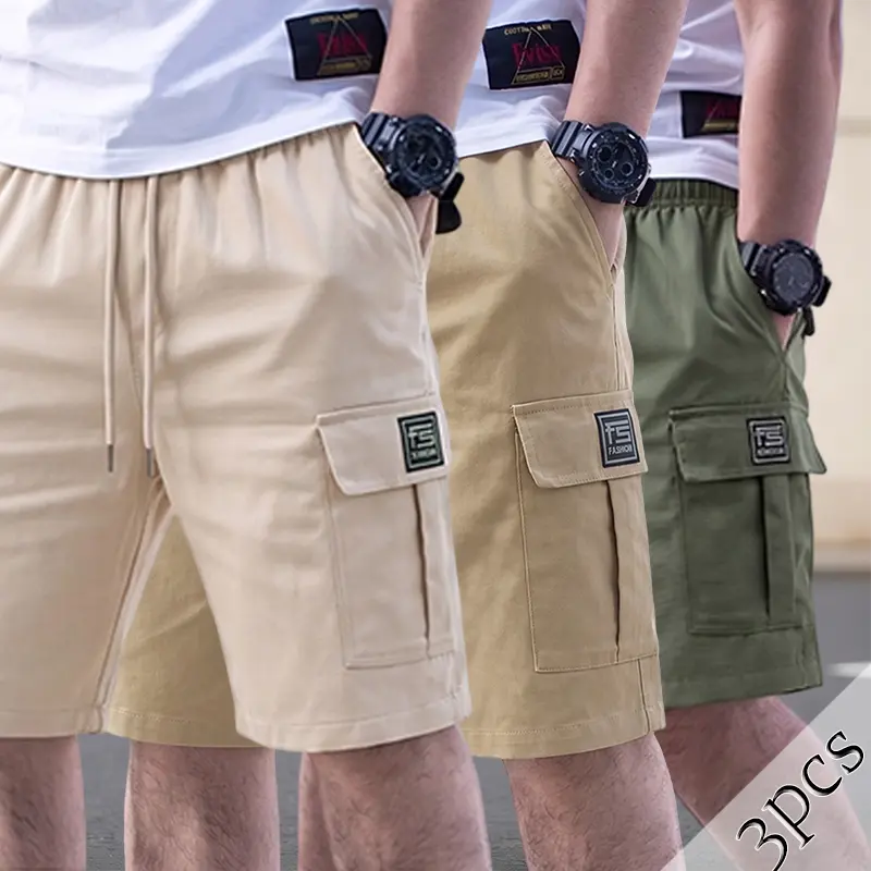 3-pack men’s all-season cargo casual shorts, elastic drawstring waistband, relaxed comfortable fit; no-iron quick-dry fabric, soft and breathable, multiple utility pockets on the sides, suitable for everyday wear, outdoor activities, and office outfits.