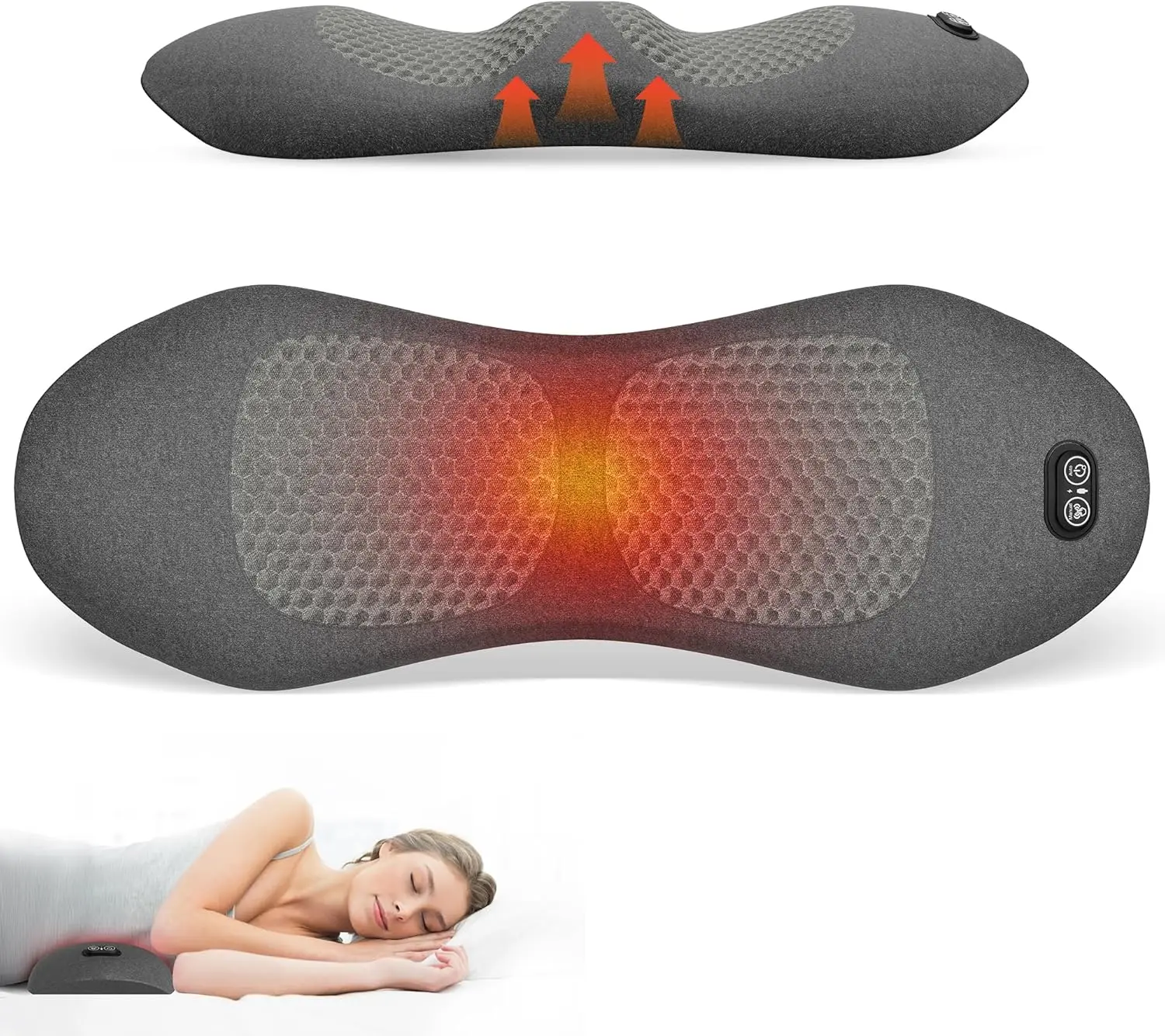 Ergonomic Heated Lumbar Support Pillow Dual Heating Zones Electric Heat Therapy Waist Cushion Orthopedic Lower Back Pain Relief Sleeping Waist Support Pillow for Bed Office Home Use