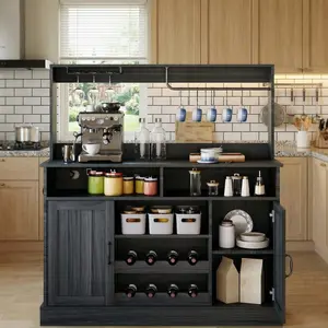 47" Farmhouse Buffet Sideboard Cabinet with Power Outlets, Large Coffee Bar Cabinet with Wine Rack, Goblet Holder & Mugs Hooks, Freestanding Storage Console Table for Kitchen & Dining Room,Grey