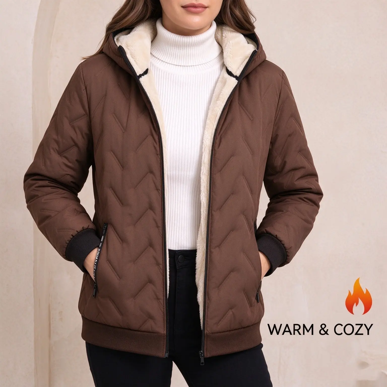 Women’s diamond-pattern quilted hooded jacket with fleece lining, thickened interior, zippered pockets, loose fit, warm short length for autumn/winter