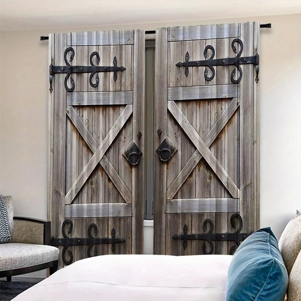 Vintage Wood Door Pattern Curtains, HD Digital Print, 100% Polyester, Suitable for Living Room, Bedroom, Dining Room, Home Decor, Home Decoration Curtain