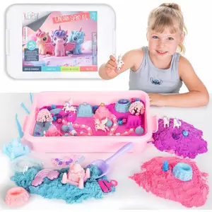 Unicorn Sensory Bin for Toddlers 3-4, 5-7 Magic Sand Art Kit w Sandbox, 2.4 LB of Sensory Sand, 10 Sand Toys, 4 Unicorn Toys for Girls Age 4-6, 6-8 Christmas & Birthday Gifts for Girls