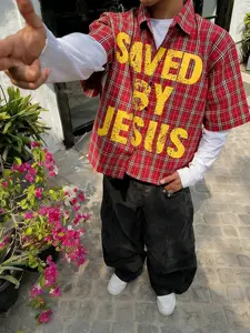 Men's Red Plaid Short Sleeve Shirt, "Saved By Jesus" Print Classic Oversized Button Down Shirt, Y2K Street Style Casual Daily Top
