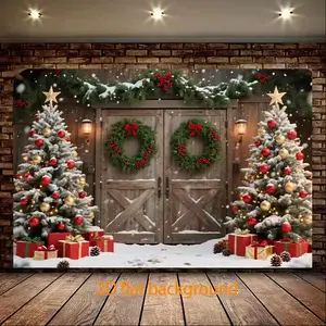 2D Flat Christmas Background - Christmas Wooden Arch with Trees & Gifts Reusable Polyester Scene for Family Gatherings Outdoor Activities Live Streaming Holiday Decorations Christmas Backdrop Wall-Mounted Painting
