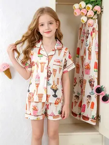 3-Piece Kids Pajama Set, Sleepwear Pajamas, Flame-Resistant Soft Fabric, Cartoon Ice Cream Print, Casual Style, All Seasons, Ages 8-12