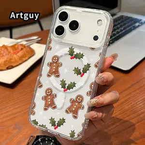 Clear Phone Case for iPhone 17 16  Pro Max Plus 15 14 13 12 11 Air E Gingerbread Whimsy  Pattern Magnetic Sunction Acrylic Back Full Body Protective Cover