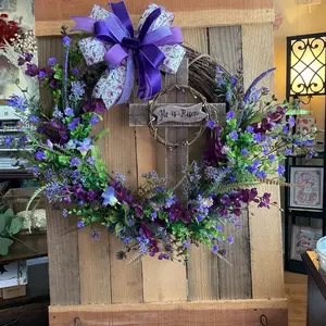He Is Risen Purple Easter Wreath Faith Inspired Door Decor with Purple Bow and Greenery for Spring