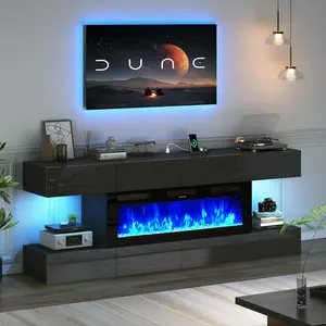 82'' Fireplace TV Stand for 85/90''TV with 50'' Fireplace, LED Modern High Gloss Entertainment Center with Power Outlet, TV Console Table with 8 Handleless Storage Drawers, Black/White