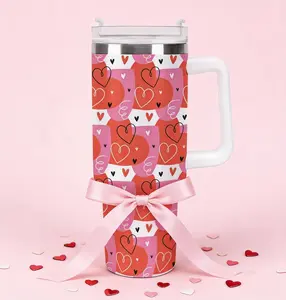 Valentine Heart Pattern Tumbler with Handle 40oz Pink Love Insulated Stainless Steel Travel Mug Cute Romantic Gift for Her Durable Reusable Easy Clean