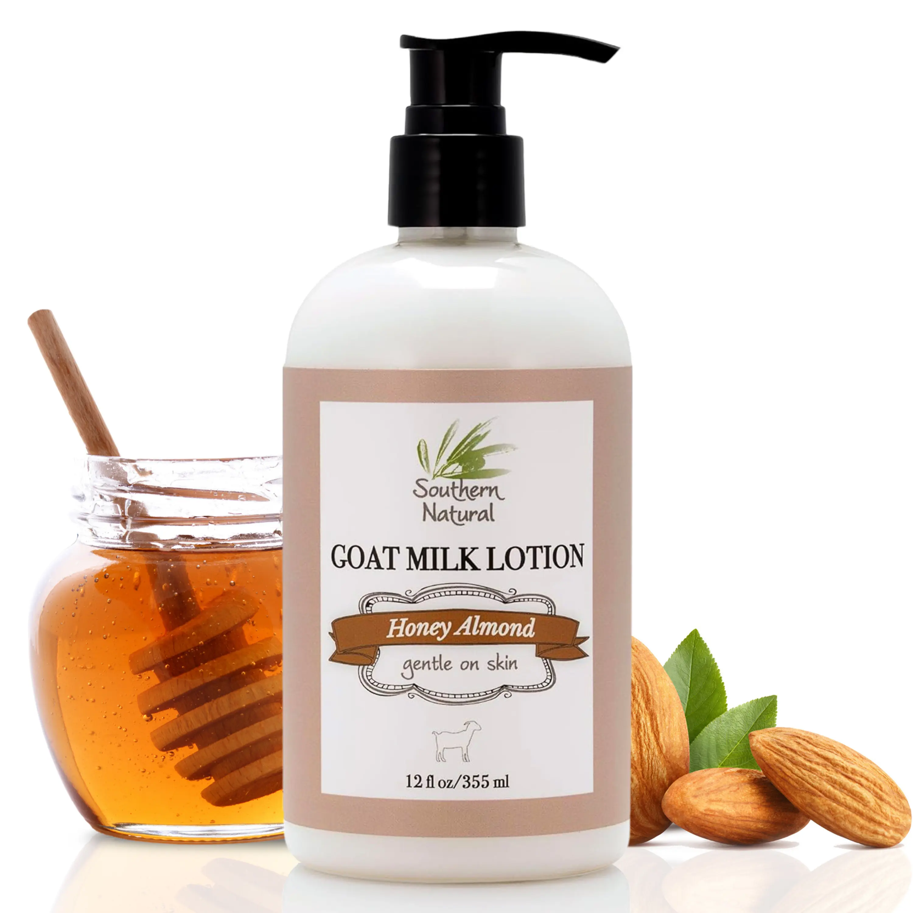 Southern Natural Goat Milk Lotion (12 oz) – Honey Almond Scented Face and Body Moisturizer for Dry Skin – Hydrating Hand Cream and Satisfying Skin Care Blend – Daily Moisture & Comfort with Aloe, Jojoba – Smooth Nourishing Beauty Hacks for Sensitive Skin