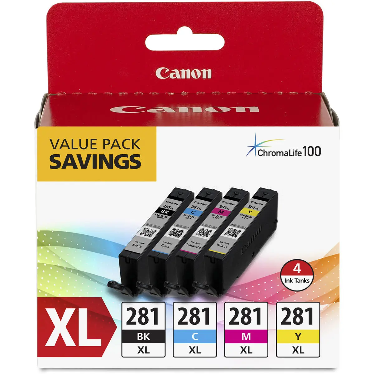 Canon CLI-281 XL BKCMY Combo 4-Pack of Black, Cyan, Magenta, and Yellow Ink Tanks for Pixma Inkjet Printers