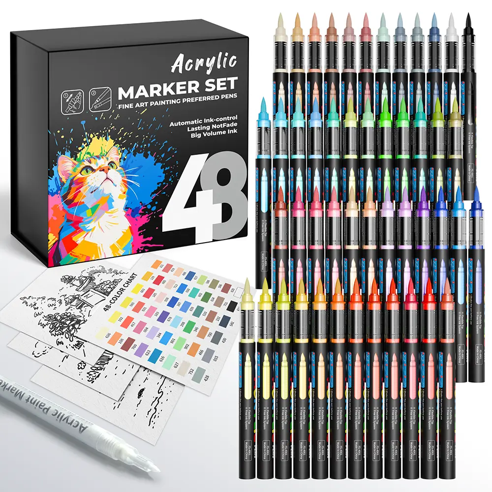[Back To School] 48-Color Acrylic Paint Markers with Waterproof Flexible Tips, Automatic Ink-Control, 1-8mm Lines, Premium Office Art Supplies for Ceramics, DIY Art Design, Back to School Essentials (All Ages), Multipurpose Art Supplies