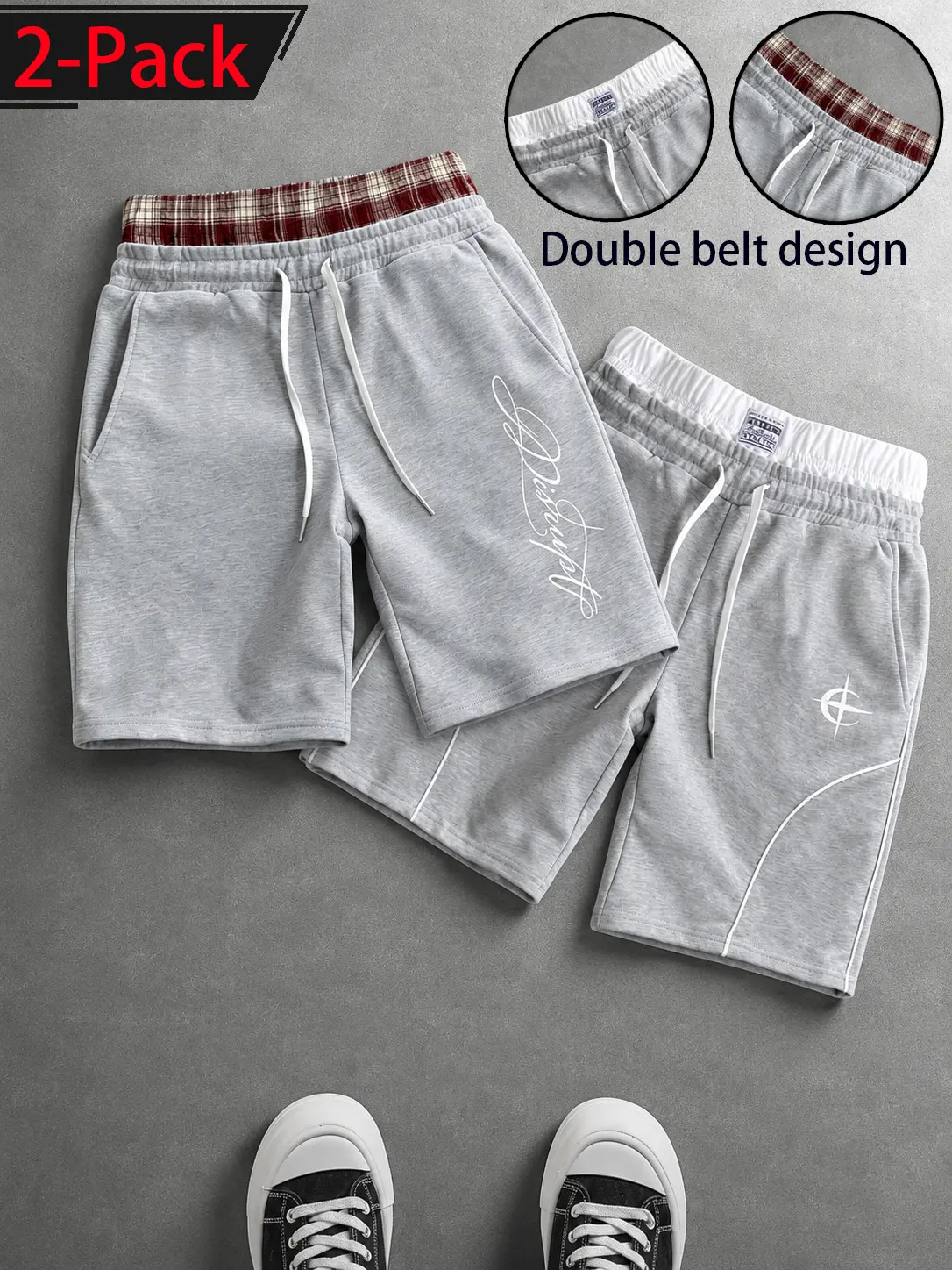 Two Pack Men Y2K Double Waistband Sweat Shorts Plaid Layered Elastic Waist Drawstring Casual Streetwear Gym Lounge Athletic Shorts with Pockets Retro Baggy Fit Knee Length Summer Festival Outfit Hip Hop Skate Style Everyday Workout Running Short Pants Set