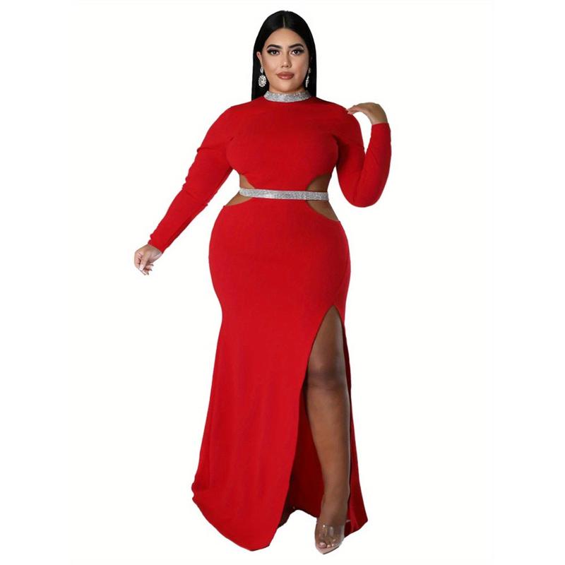 Plus Size - Plus Size Women'S Elegant Sexy Waist-Baring Slit Dress - Emerald Green Asymmetrical Hem Long Formal Party Dress with V-Neck & Slit Back, Floor-Length Winter Evening Gown for Women, Non-Stretch Elegant Party Outfit