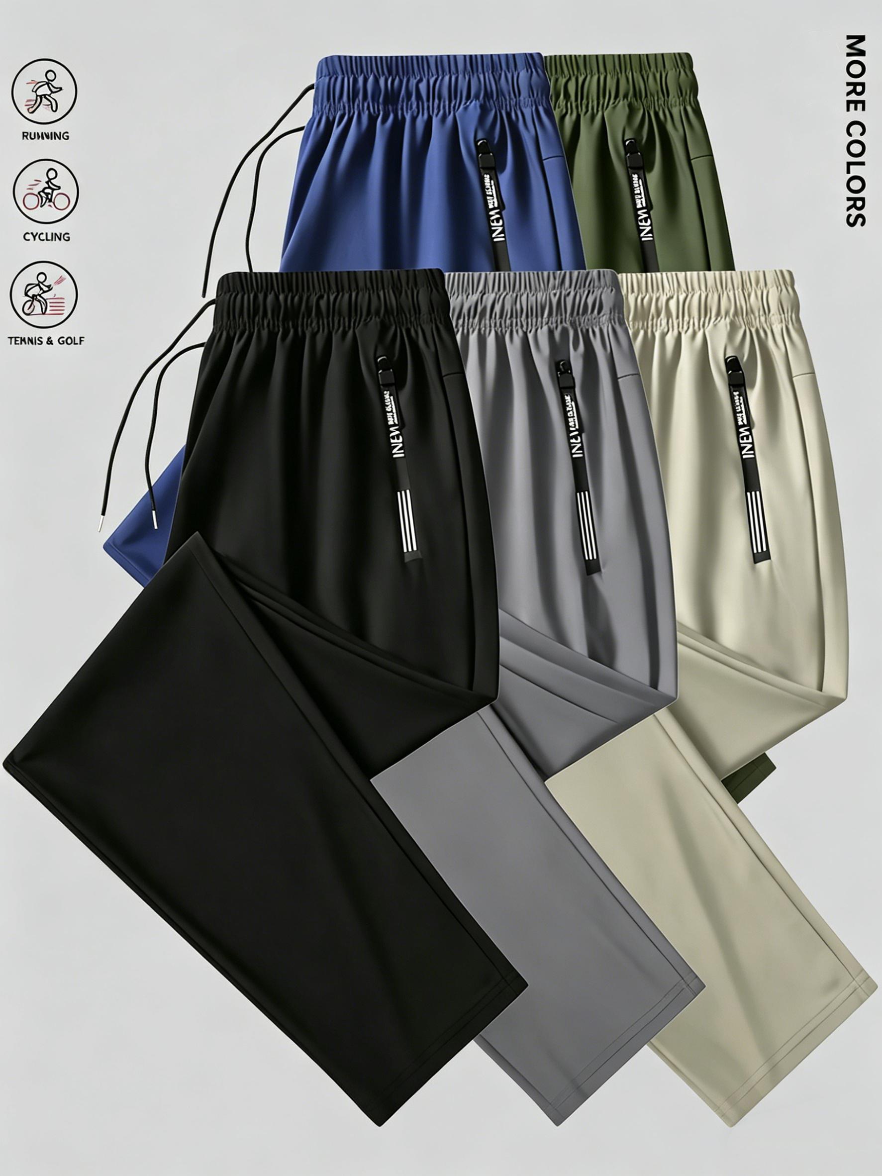 Men’s slim fit ice silk cool-touch lightweight long pants, 3-pack — drawstring elastic waistband design, zippered pockets; a summer essential for everyday casual wear. This flat-foot long pants is ideal for outdoor running and fitness.