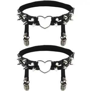 Women Adjustable Leather Thigh Garter, Heart Shaped Leg Garter with Clips punk goth Garters for thigh high socks black