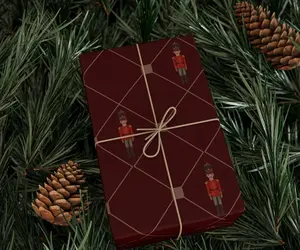 Burgundy Christmas Wrapping Paper with Nutcracker Soldiers & Diamond Pattern | Vintage Holiday Gift Wrap | Matte or Glossy Roll