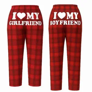 I Love My Boyfriend & Girlfriend Red Pajama Pants for Couple - Satin Long Pajama Pants Comfortable Sleepwear for Relaxing Nights Gift for Him Her