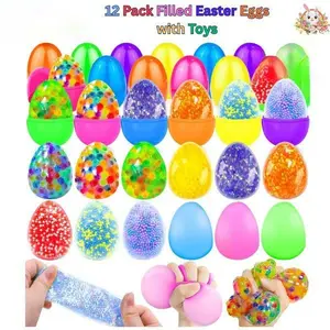 12-Pack Prefilled Eggs with Silicone Squishy Stress Ball Fidget Toys, Random Surprise Set, Safe-Material Stress Relief Easter Gifts for Kids, Basket Stuffers