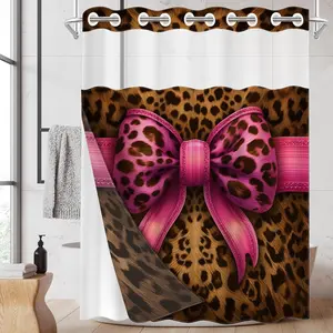 1pc 2D Flat Printing hookless shower curtain hanger liner Pink Leopard Print Bow Fabric waterproof lining shower curtain with transparent window, double-layer shower curtain, 71 x 74 inches, modern home curtain decoration