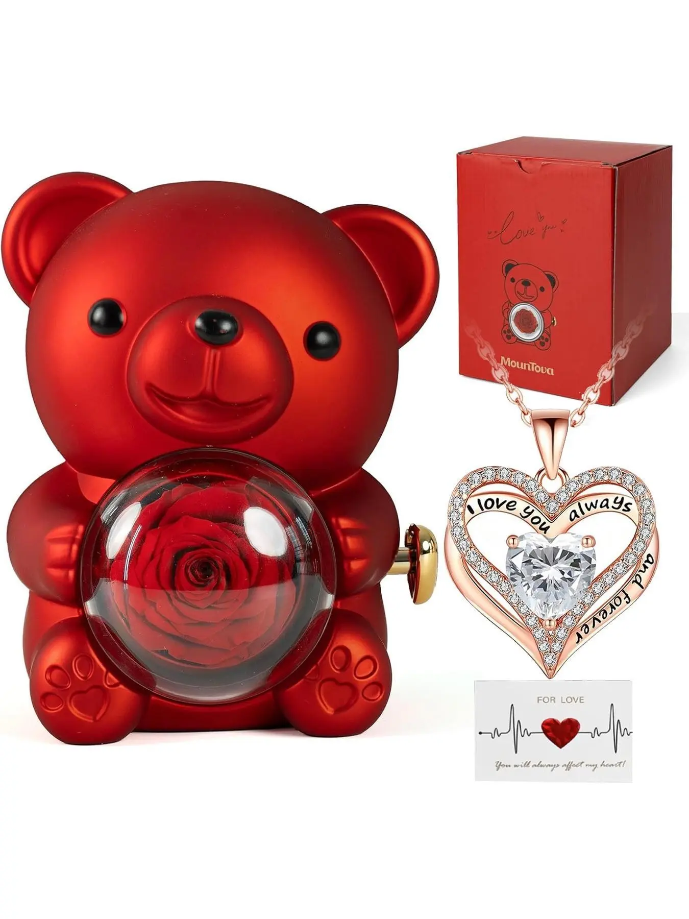 Mother's Day Gift Romantic Teddy Bear Necklace with Eternal Rose and Engraved Heart, Elegant Gift Box, Perfect for Women, Valentine's Day, Wedding, Mother's Day, Love Heart Necklace