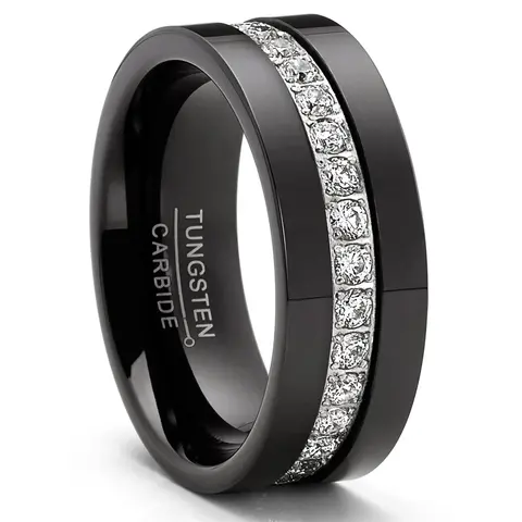 Men's Black 4× Sturdier Tungsten Carbide Wedding Band - 8mm High-Polish Stacking Eternity Ring, 1.35ct 34 Round-Cut Artificial Diamond, Comfort-Fit Costume Jewelry for Engagements, Anniversary Gifts for Him, Band Set Accessory, Stacking Rings