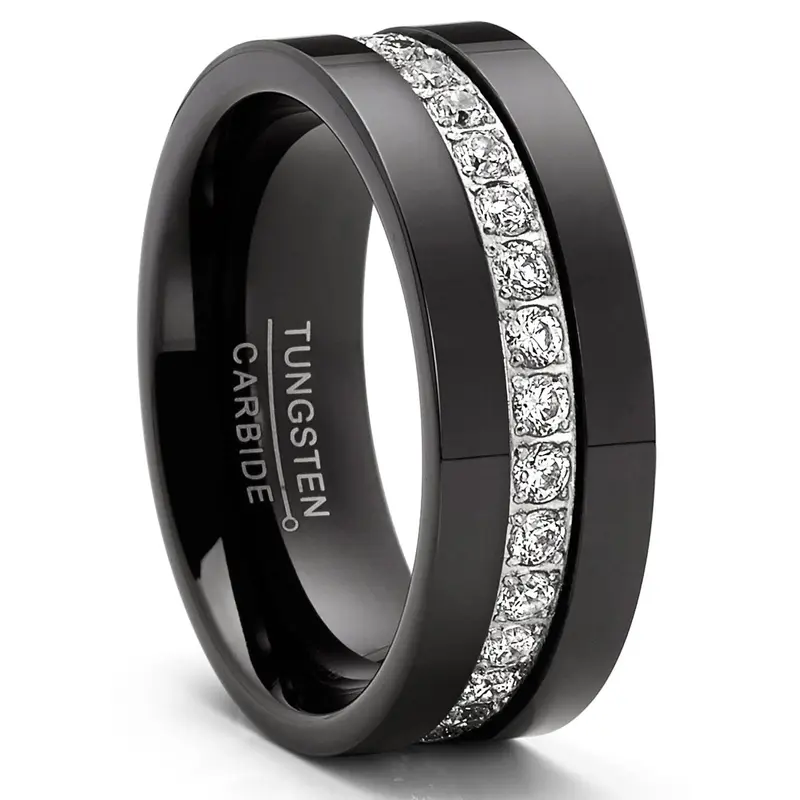 Men's Black 4× Sturdier Tungsten Carbide Wedding Ring - 8mm High-Polish Stacking Promise Band, 1.35 Total Carat Weight 34 Round-Cut Artificial Diamond, Comfort-Fit Costume Jewelry (1.25Ct - 1.49Ct) for Engagements, Anniversary Gifts for Him
