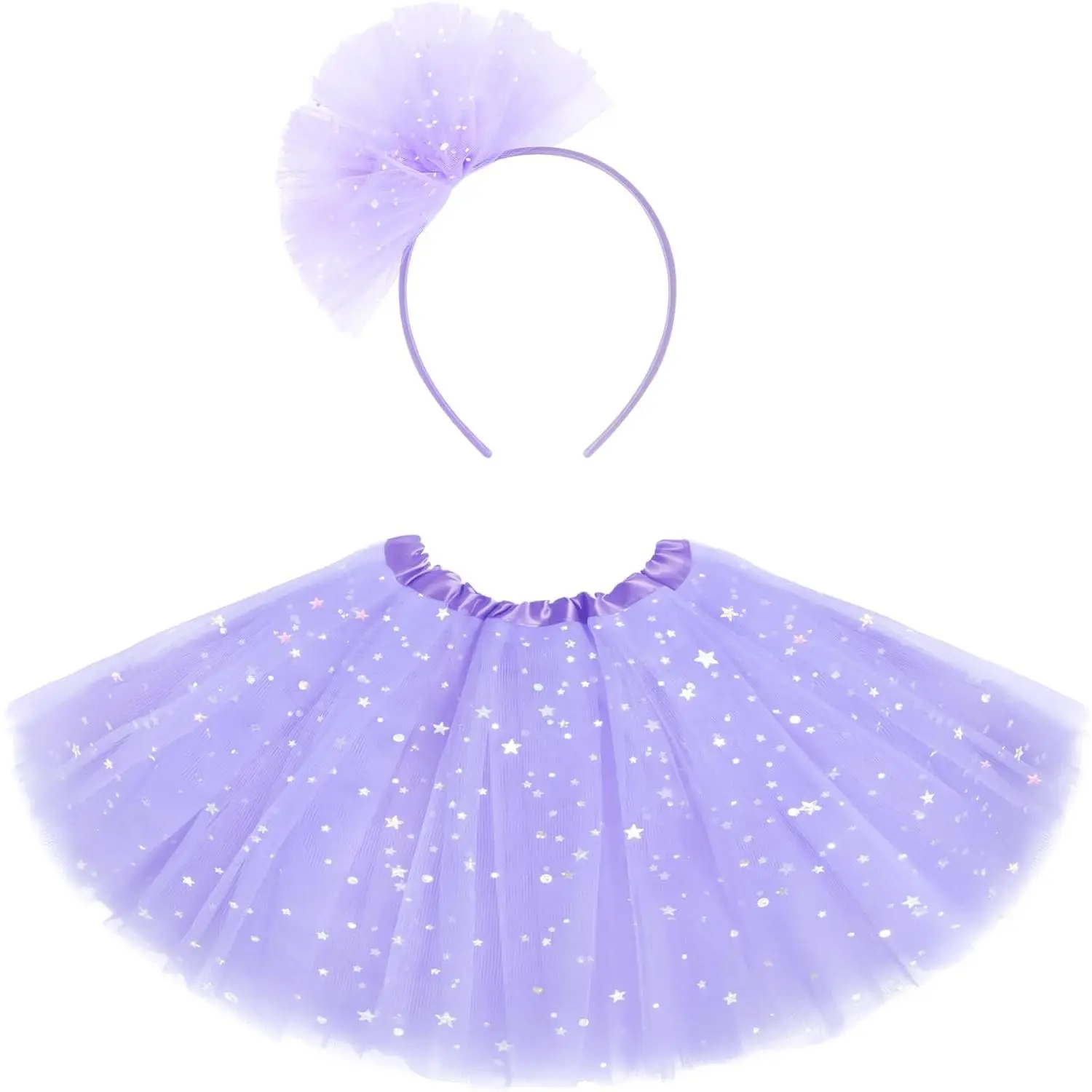 BY-SQ Girls' 2Pcs Sequined Stars Polyester Tulle Tutu Skirt Set - 3 Layers, Elastic Waistband, Headband Included, 11.8in Mini Length, 1 Size Fits All (4-12Yrs, 9-10Yrs Fit), Ideal for Birthday, Christmas, Party