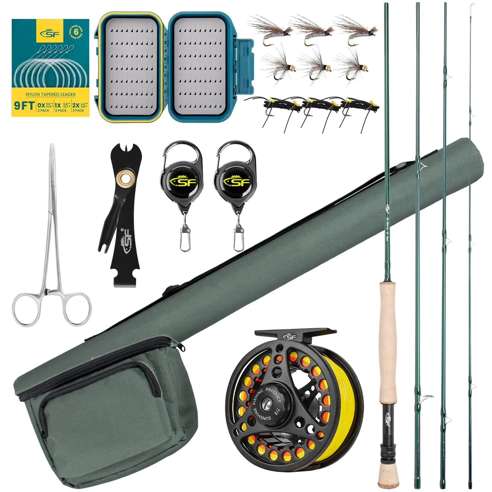 SF Fly Fishing Rod Combo Starter Kit 4 Piece 8WT 9FT Emerald Green 24T  Carbon Fiber Trout Fly Rod with Reel Rod case Fly Box with FliesTapered  Leader Knot Tying Tools -
