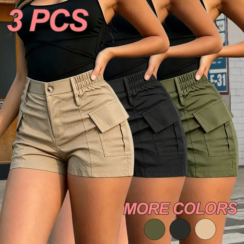 Women’s summer American vintage high-waisted cargo shorts with elastic side waistband, featuring a 3D large pocket design that adds a stylish touch; straight-leg shorts that create a taller, slimmer look; versatile for commuting, outdoor activities, and t