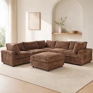 Modern Corduroy Modular Sectional Sofa with Ottoman, L-Shaped Cloud Couch, Comfy Deep Seat Living Room Furniture