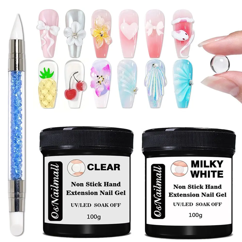 OsNailmall 3pcs/set  100g Nail Extension Gel Builder for Nails, False Nail Gels Milky White & Clear Non-Stick Hand, 3D Sculpture Modeling Carve Rhinestone Glue Gel, Easy-To-Operate Odorless