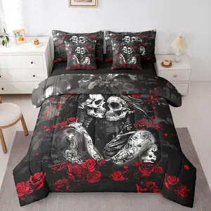 Feelyou 7-Piece Sugar Skull Couple Bed Comforter Set - Goth Romantic Red Rose Queen Size Set with Sheets, Gothic White Skeleton Lovers Flower Heart Grey Black Bed-in-a-Bag for Halloween Adults