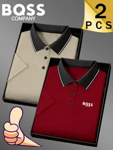 Men's Quick-Dry Polo Shirt Set, Classic Bqss Logo Print, Breathable and Comfortable, Sporty Short Sleeve Fitted Top, Geometric Pattern