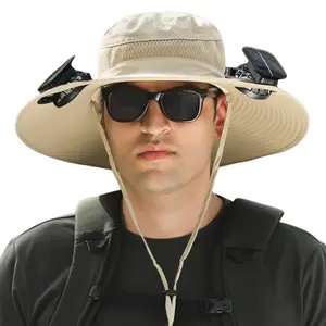 2 Solar Fan Sun Bucket Hat-Outdoor Wide Brim Sun Hat, Fishing Hat with Fan for Men, Waterproof Outdoor Camping Fishing Hat