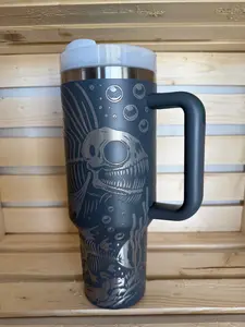 40oz Engraved Gray Skeleton Fish Tumbler – Ocean / Fishing Design