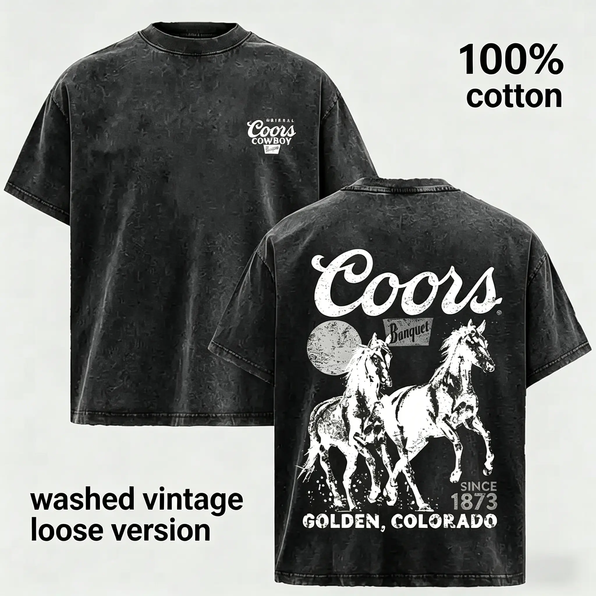 Retro Western Brewery Graphic Tee, Vintage Washed Cotton Cowboy Style T-Shirt, Unisex Casual Fashion Top
