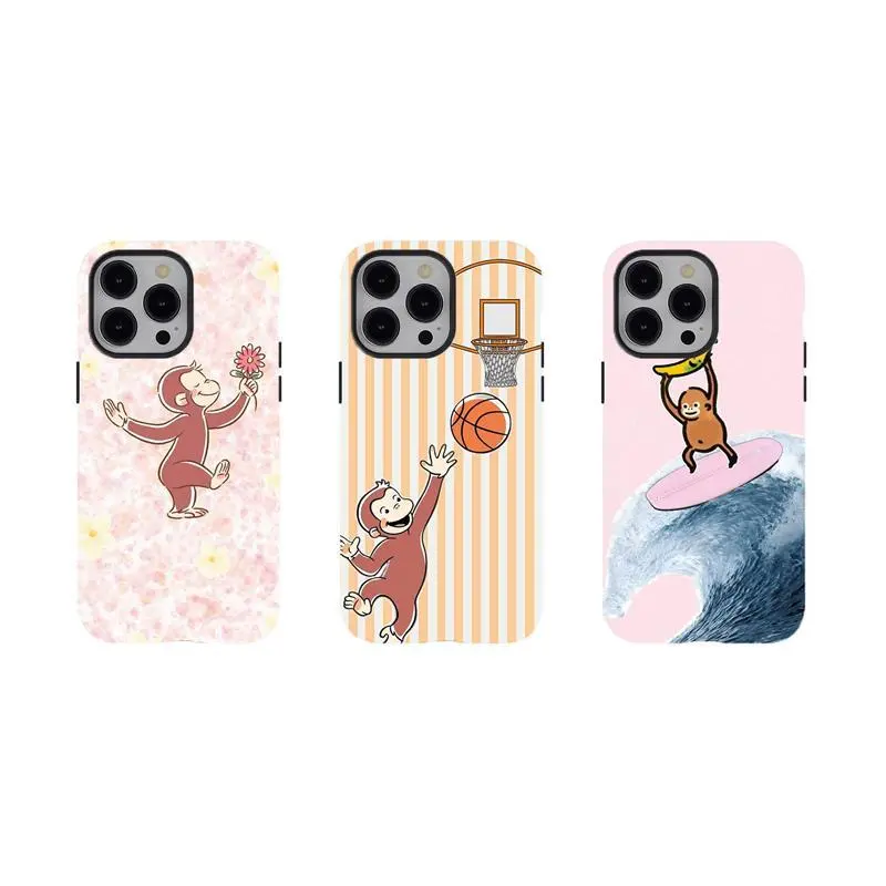 [No Magnetic]  Monkey Curious George Basketball Phone Case,Aesthetic Tough phone Cover,Cartoon Design Durable Dual-Layer phone case,for iPhone 17 16 15 14 13 12 11 8 7 for Samsung For Galaxy Series,Shockproof Protective hard Cover,perfect gift for her