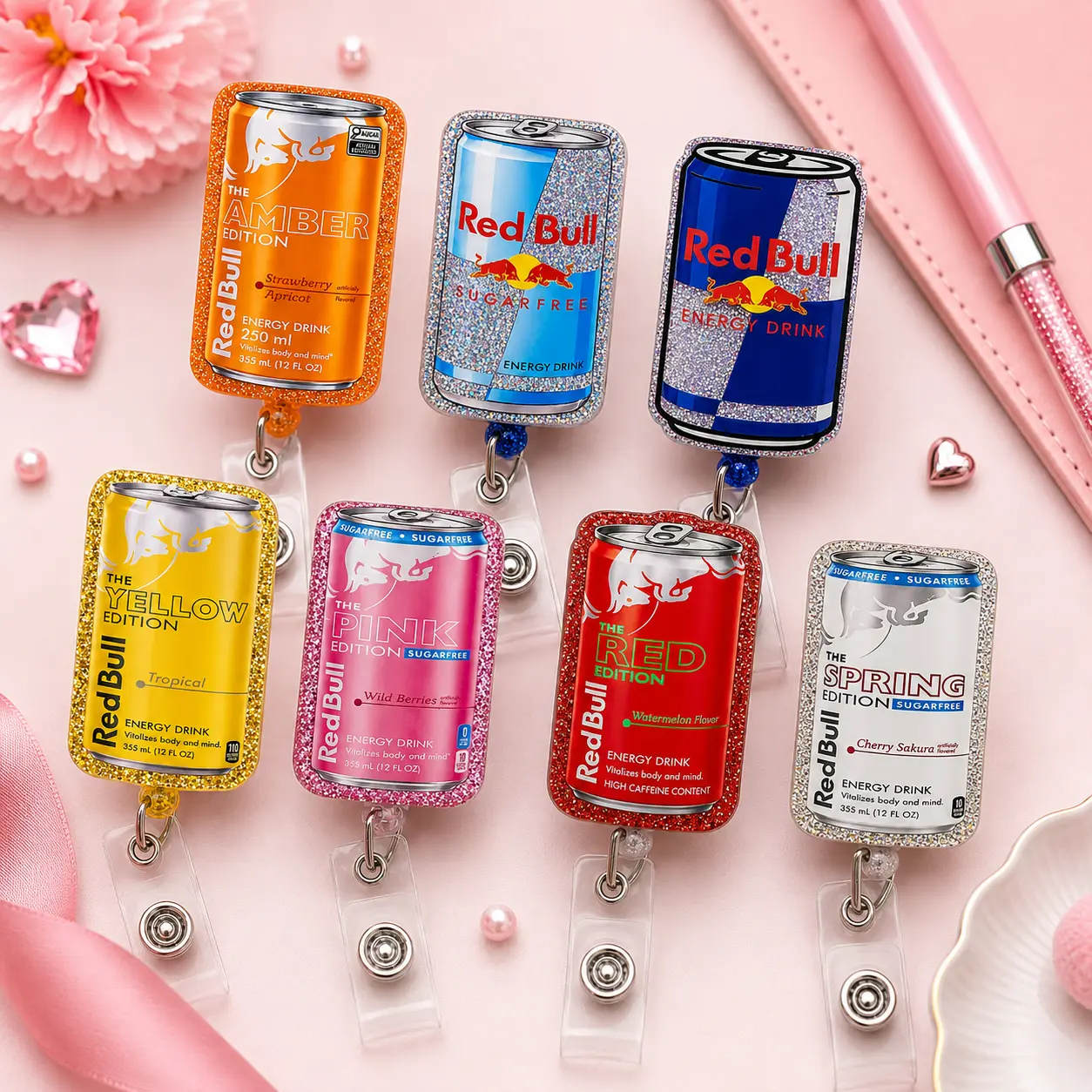 Energy Drink Can Badge Reel, Glitter Acrylic Retractable ID Card Holder, Colorful Beverage Badge Clip for Nurses, Teachers and Office Staff,