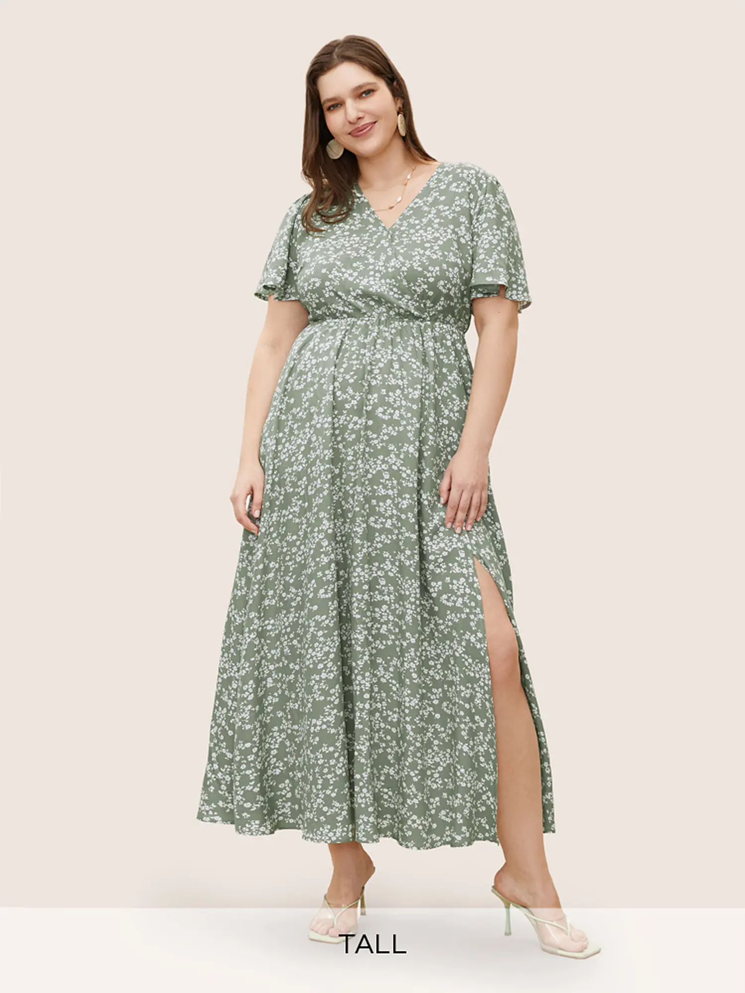 BloomChic Women's Ditsy Maxi Dress - Modest Fashion Garment for Going Out, Low Iron with V-Neck and Side Pocket, Lady, Casual, Ruffle, Rayon, Piece, Fabric, Half Sleeve, Ready To Wear, Snap Closure, Modest Wear, Ditsy Print, Snap Fastener
